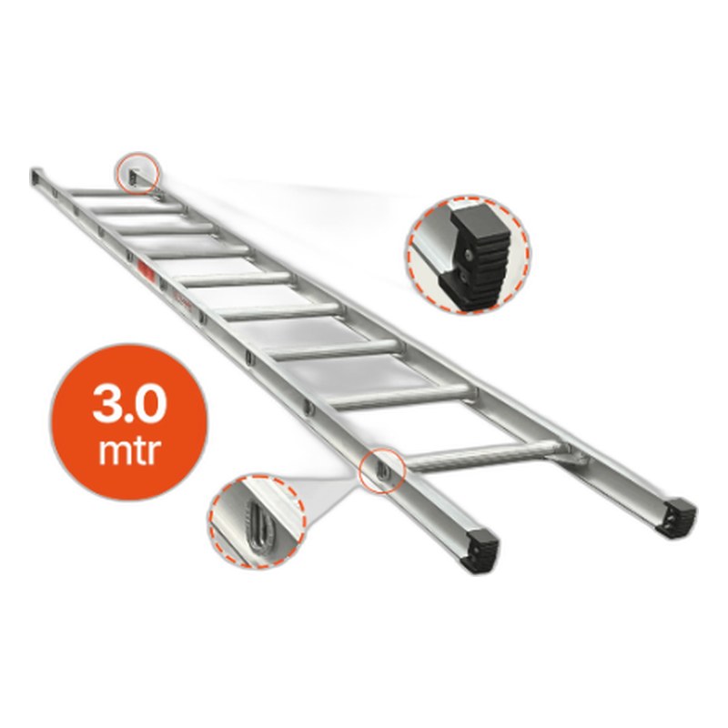 Total Aluminium 3.0m aluminium single builders ladder, straight pole rung design 3.0MAL
