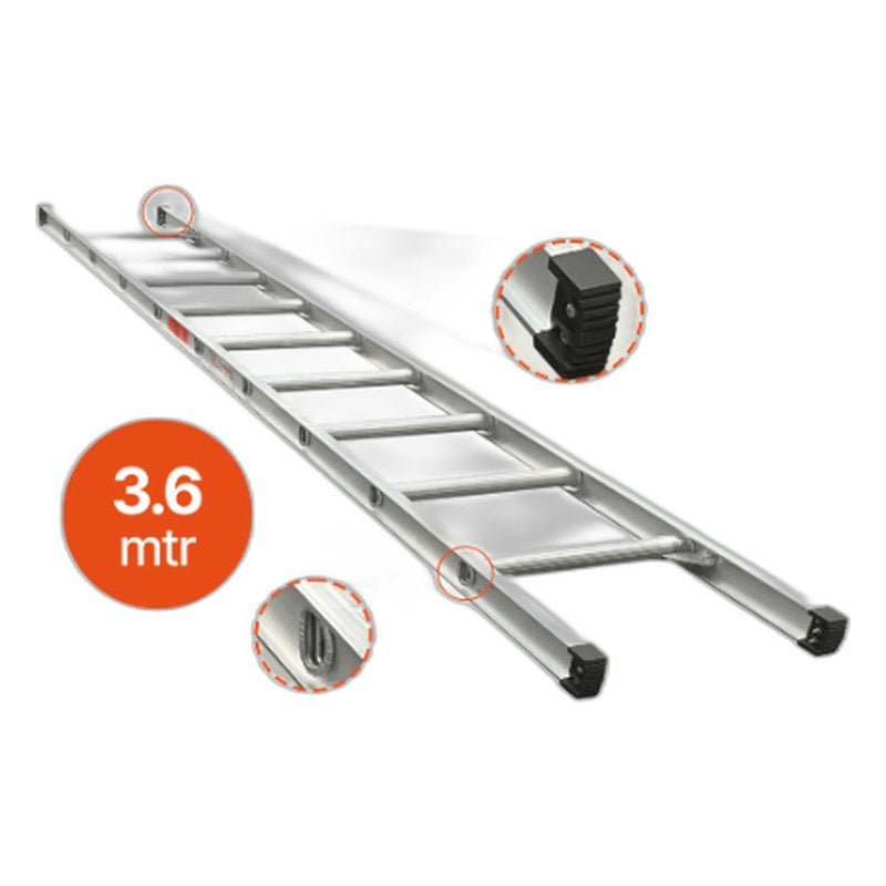 Total Aluminium 3.6m aluminium single builders ladder, straight pole rung design 3.6MAL