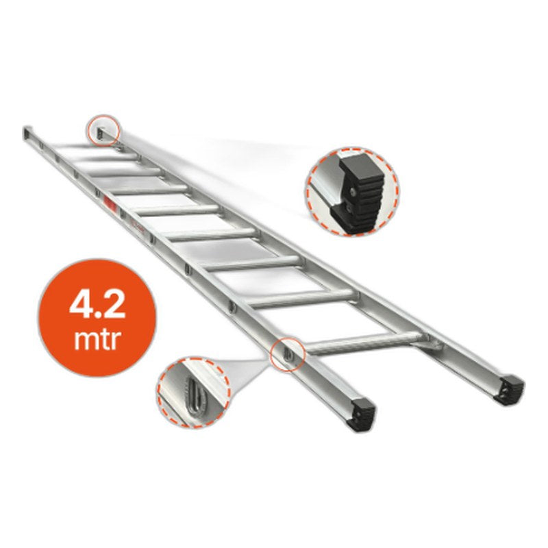 Total Aluminium 4.2m aluminium single builders ladder, straight pole rung design 4.2MAL