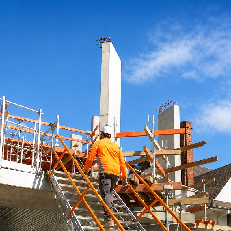 Total Aluminium adjustable aluminium stair in use on a building site, worker climbing to the slab AS-09STEPW