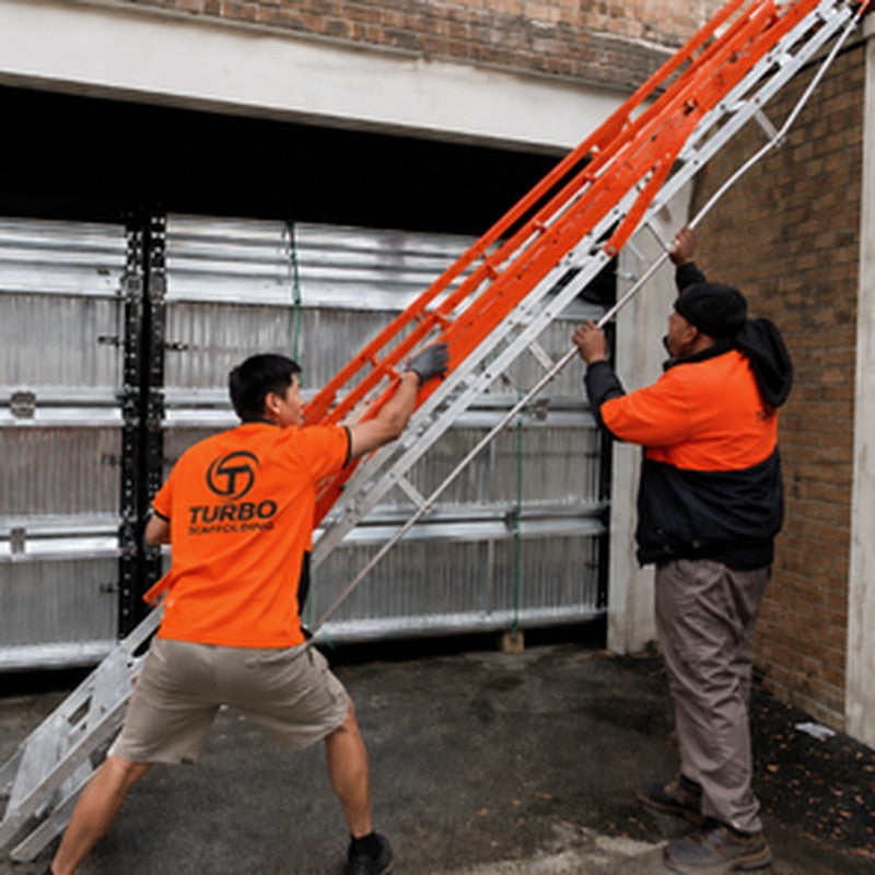 Total Aluminium adjustable aluminium stair two workers carrying the stair into position AS-18STEPN