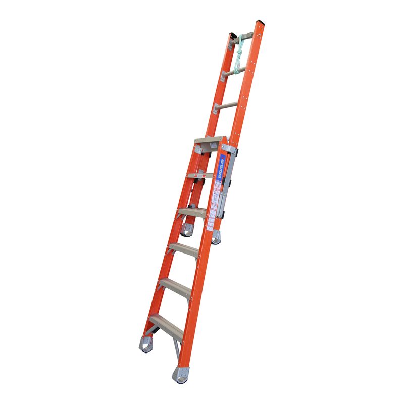 Indalex PFSE6 1.8M-3.0M  Industrial Fibreglass 150KG Pro Series Step Extension Ladder, extended, on white background