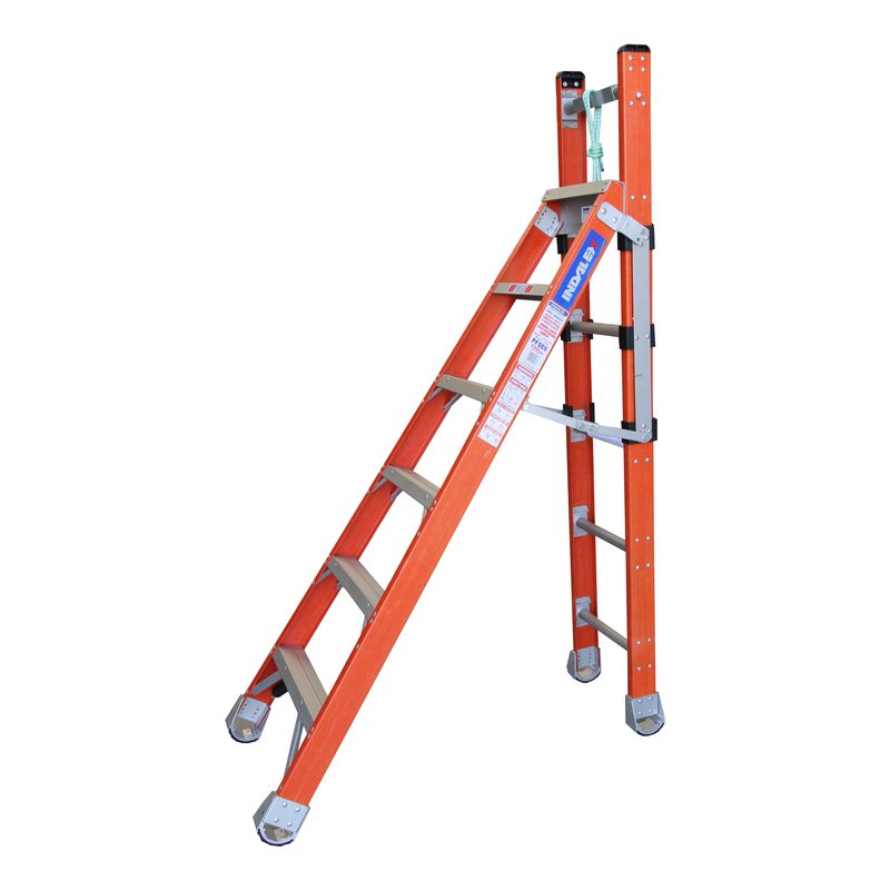Indalex PFSE6 1.8M-3.0M  Industrial Fibreglass 150KG Pro Series Step Extension Ladder, wall, on white background