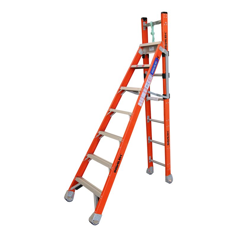 Indalex PFSE7 2.1M-3.5M  Industrial Fibreglass 150KG Pro Series Step Extension Ladder, against wall position, on white background