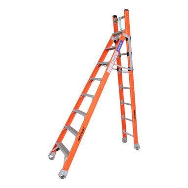 Indalex PFSE8 2.4M-4.1M  Industrial Fibreglass 150KG Pro Series Step Extension Ladder, wall, on white background