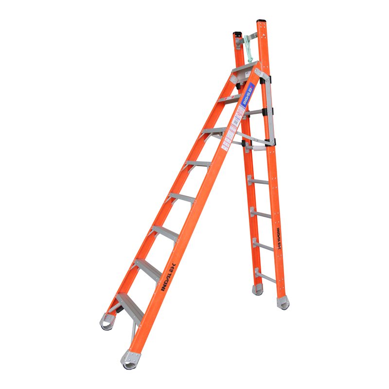 Indalex PFSE8 2.4M-4.1M  Industrial Fibreglass 150KG Pro Series Step Extension Ladder, wall, on white background
