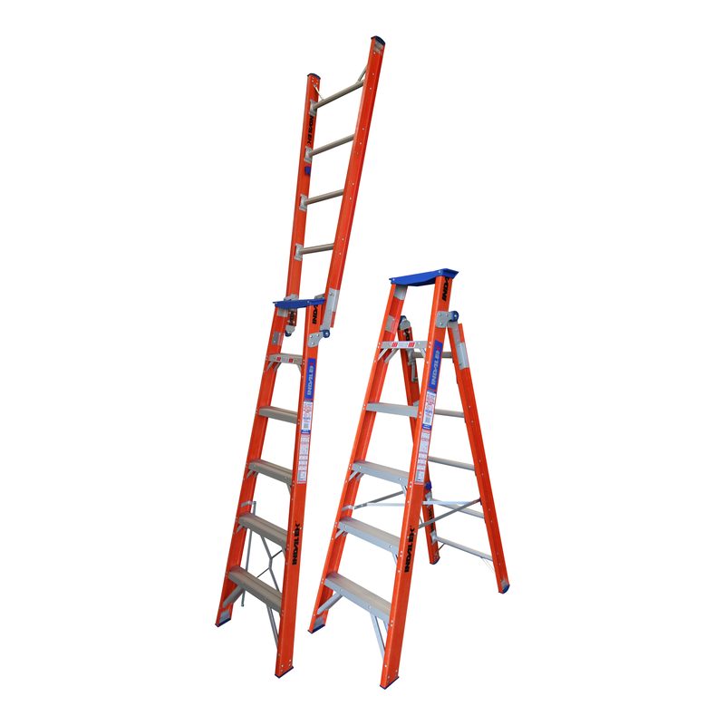 Indalex PRODPF6 1.8M-3.2M  Industrial Fibreglass 180KG Pro Series Dual Purpose Ladder, both positions, on white background