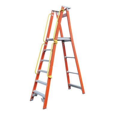 An orange A-frame step ladder with gray steps and yellow safety rails, isolated on a white background.