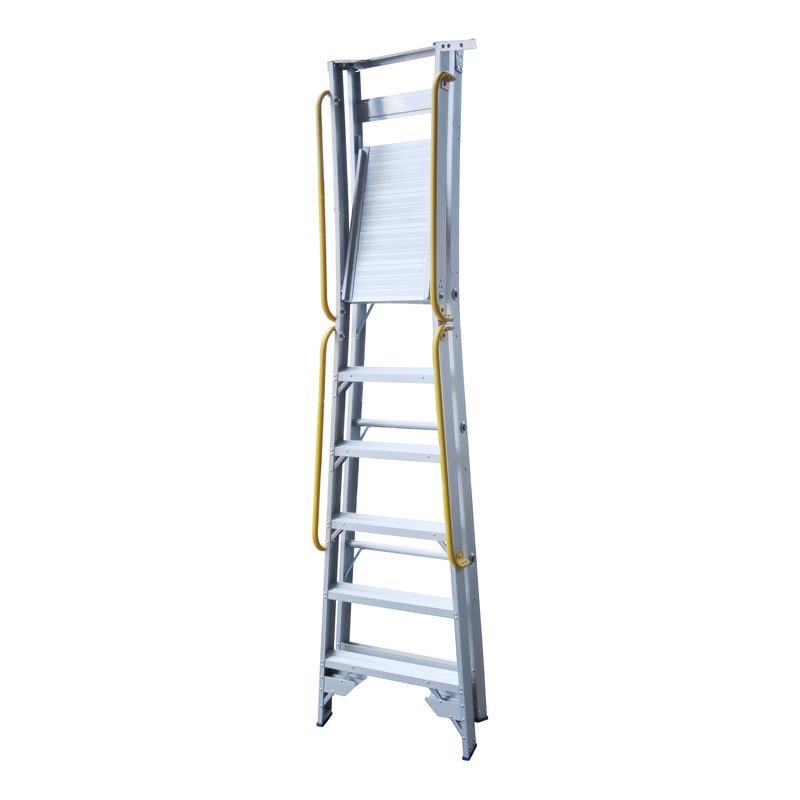Indalex PROPSHR Pro Series Aluminium Platform Handrails attached to a ladder on a white background
