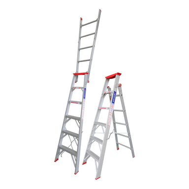 Indalex TRDDP6 1.8M-3.2M Industrial Aluminium 150KG Tradesman Dual Purpose Step Ladder shown in both step and extension configurations on a white background