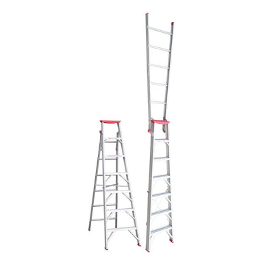 Indalex TRDDP7 2.1M-3.8M Industrial Aluminium 150KG Tradesman Dual Purpose Step Ladder shown in both step and extension configurations on a white background