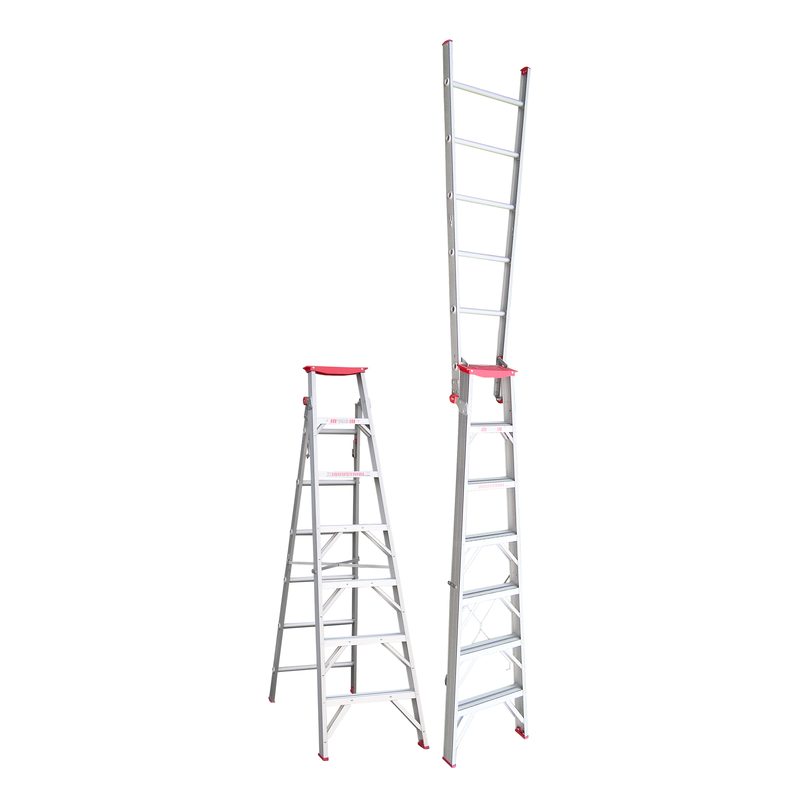 Indalex TRDDP7 2.1M-3.8M Industrial Aluminium 150KG Tradesman Dual Purpose Step Ladder shown in both step and extension configurations on a white background