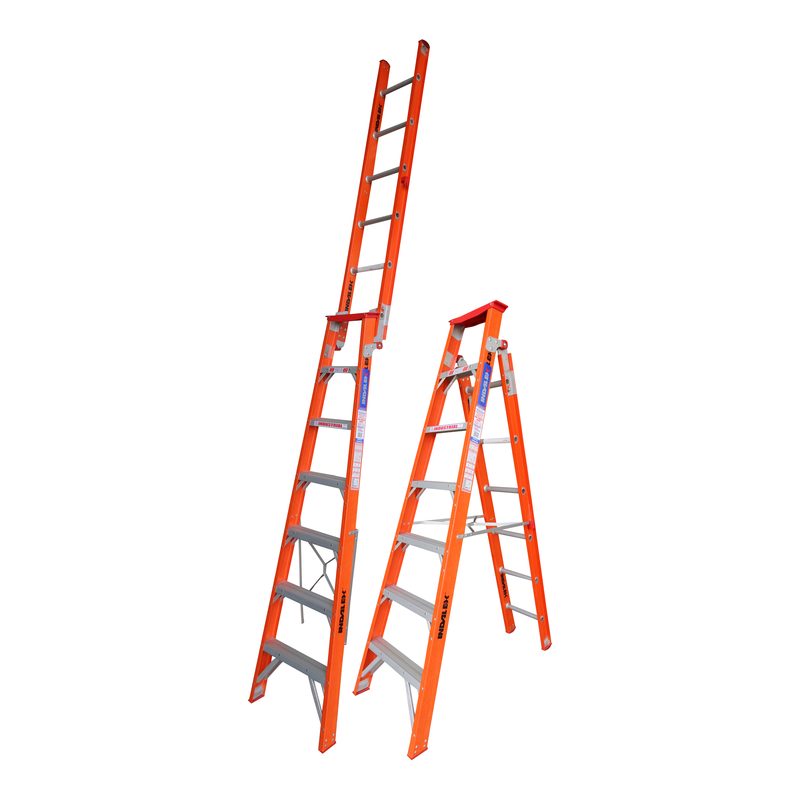 Indalex TRDDPF7 2.1M-3.8M Industrial Fibreglass 150KG Tradesman Dual Purpose Step Ladder shown in both step and extension configurations on a white background