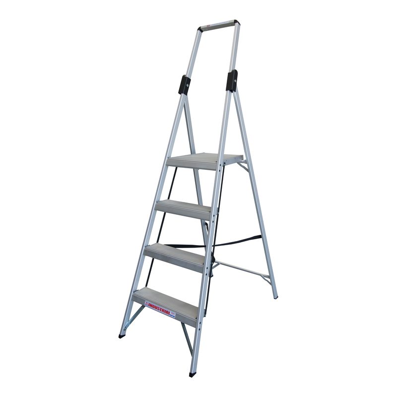 Indalex TRDP7/4 1.2M Industrial Aluminium 120KG Tradesman Slimline Platform Ladder front angle view on white background