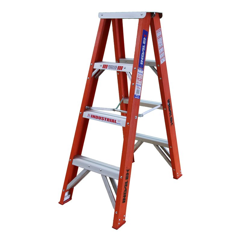Indalex TRDSF4D 1.2M Industrial Fibreglass 150KG Tradesman Double Sided Step Ladder on white background