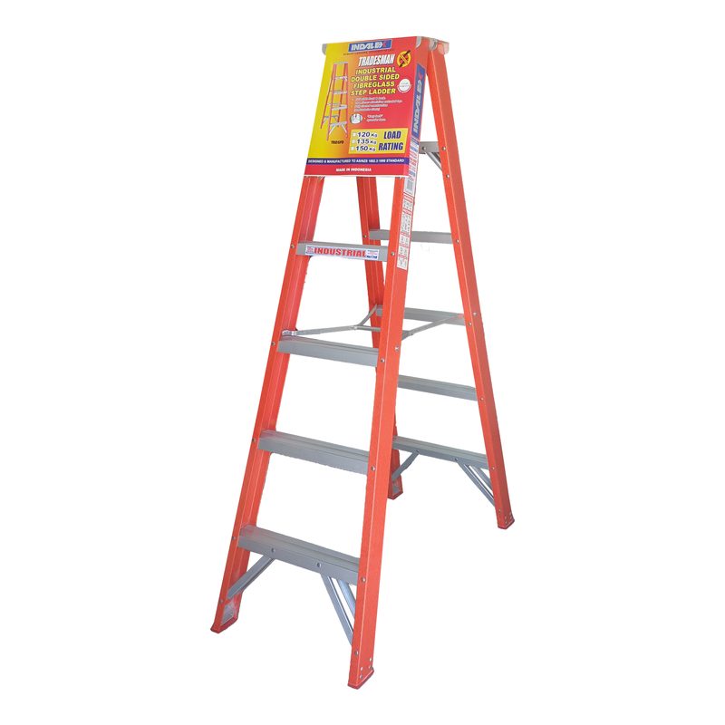 Indalex TRDSF6D 1.8M Industrial Fibreglass 150KG Tradesman Double Sided Step Ladder on white background