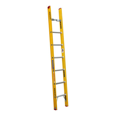 Indalex TRDSGF8 2.4M Industrial Fibreglass 135KG Tradesman Single Ladder front angled view on white background