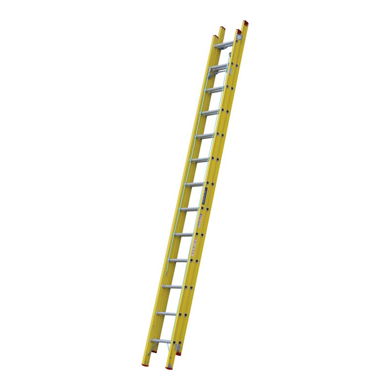 Indalex TRDXF24 4.3M-7.3M Industrial Fibreglass 135KG Tradesman Extension Ladder angled view on white background