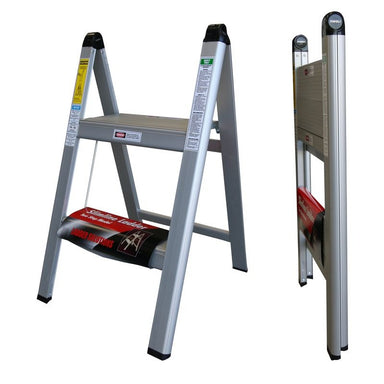 Indalex TS52 0.6M Domestic Aluminium 100KG Slimline Stepladder shown open and closed on white background