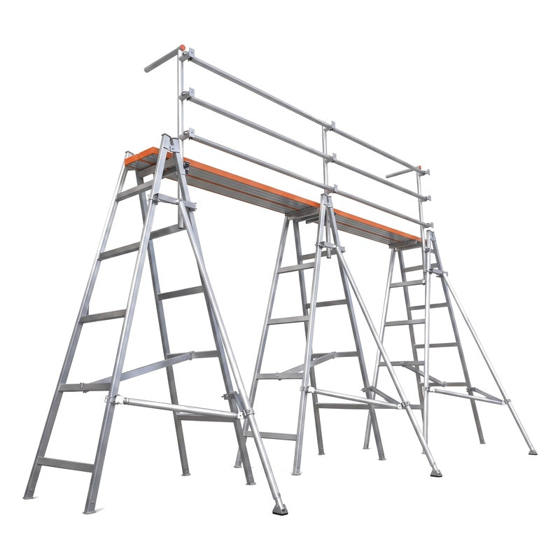 Total Aluminium Two Bay Trestle & Plank Pack with Handrail and Link-Up Kit assembled - three trestles, continuous handrail, outriggers (illustration)
